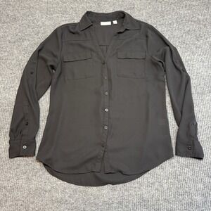 New York & Company Black Sheer Utility Button Down Blouse Long Sleeve